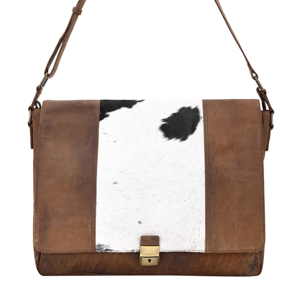 Nightherd Laptop Bag in brown with hair on and turn lock