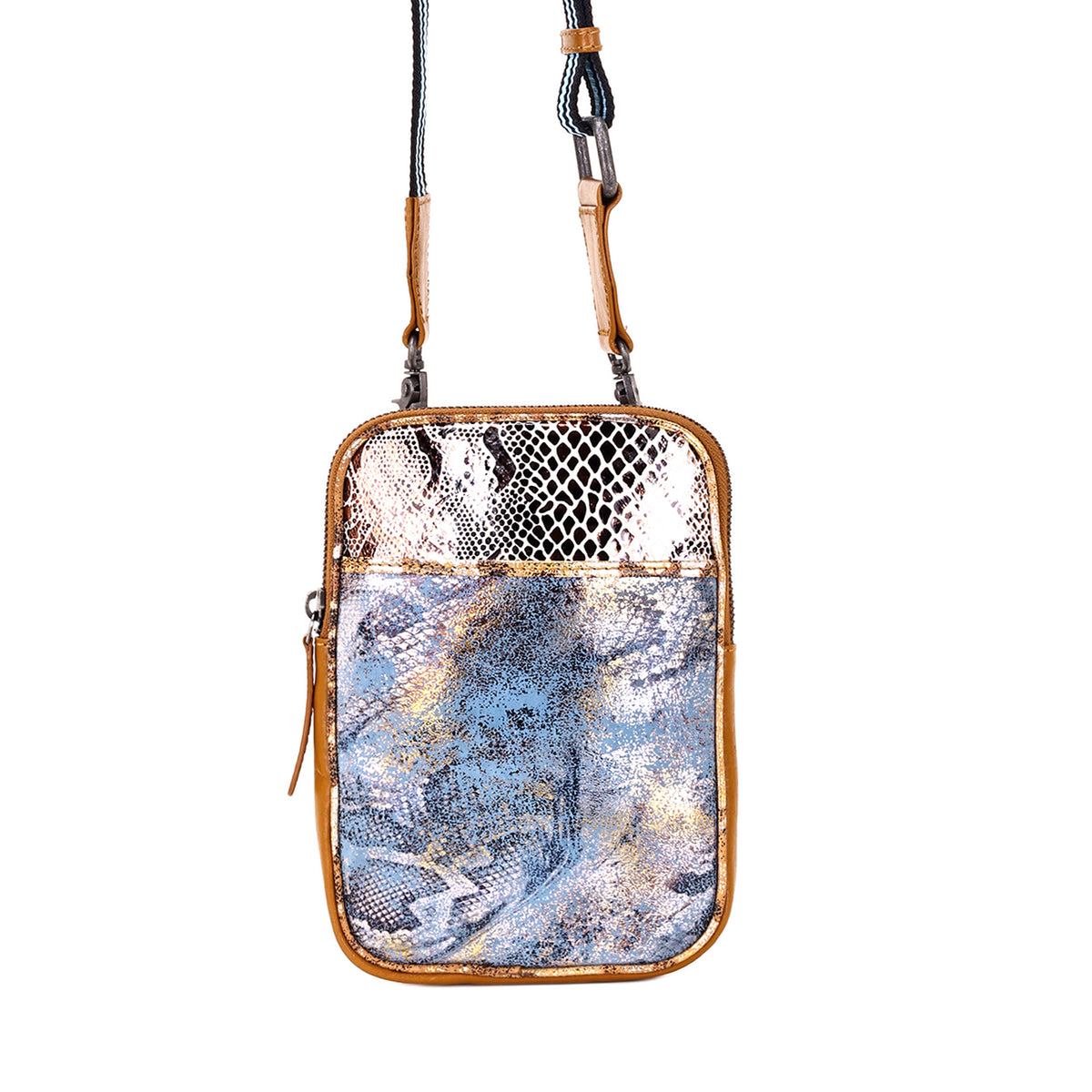 Dryvale Cell Phone Holder for Women in blue with metallic leather and webbing strap