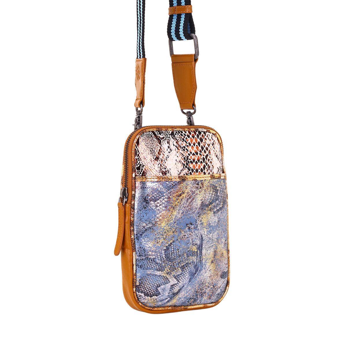 Dryvale Cell Phone Holder for Women in blue with metallic leather and webbing strap