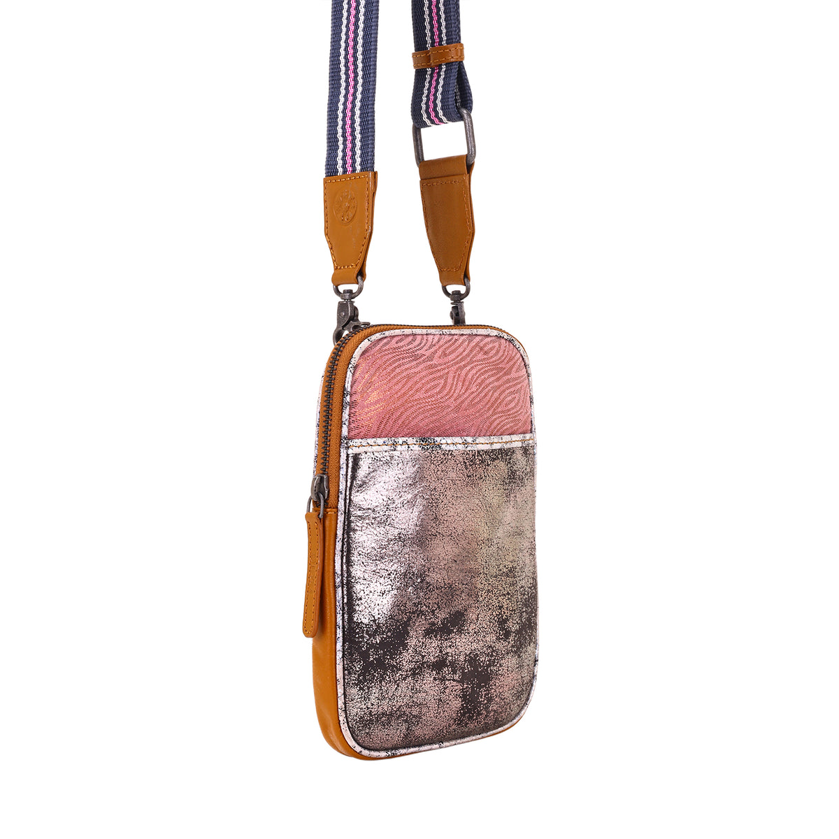 Dryvale Cell Phone Holder for Women in pink with metallic leather and webbing strap