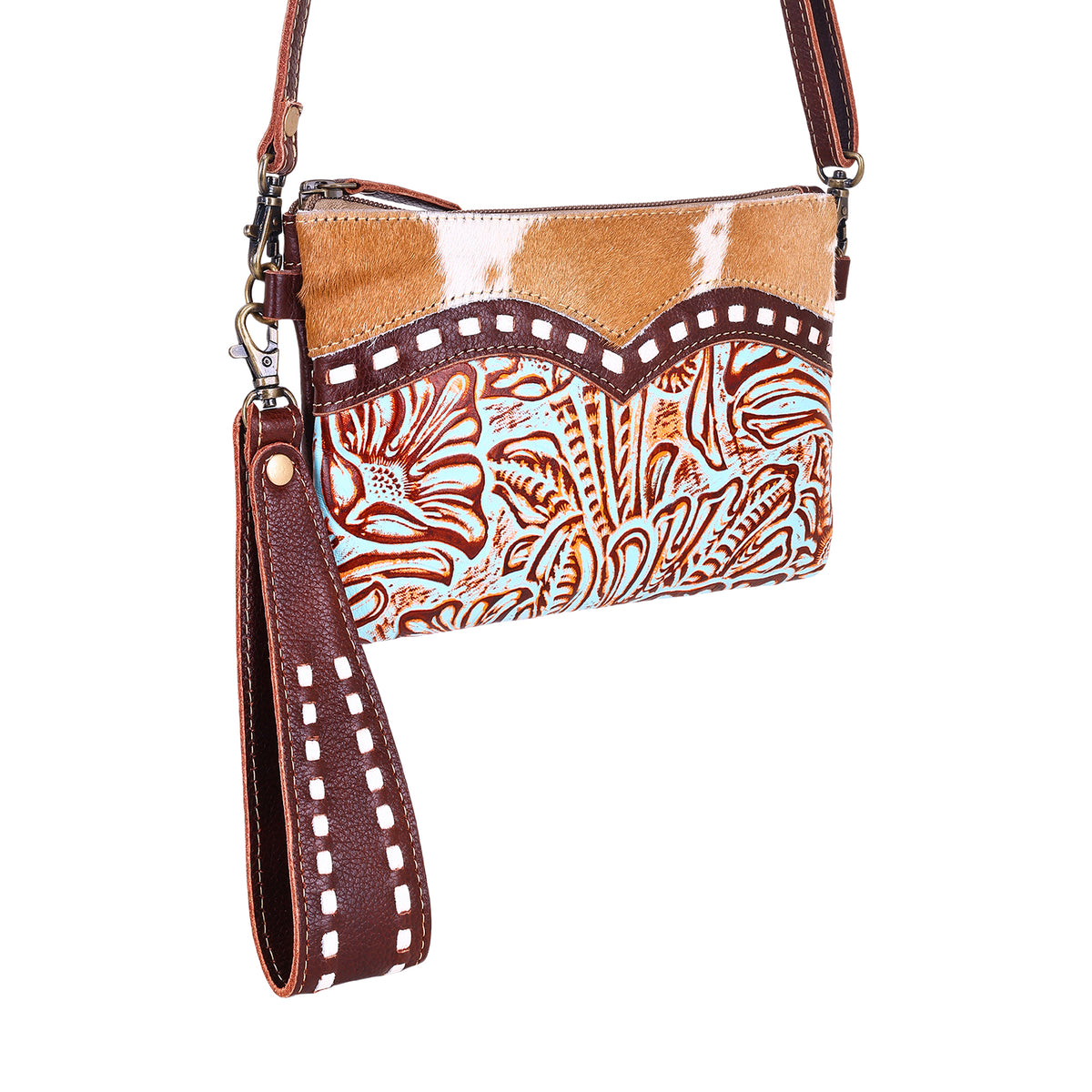 Ocotillo Belt Bag for Women in turquoise with embossed leather and buckstitch