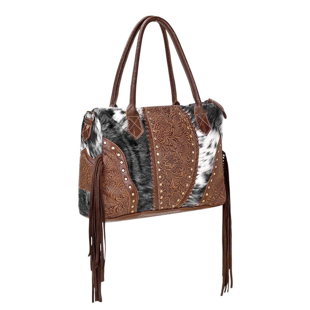 Bedground Weekender Bag for Women in brown with hair on with suede fringe