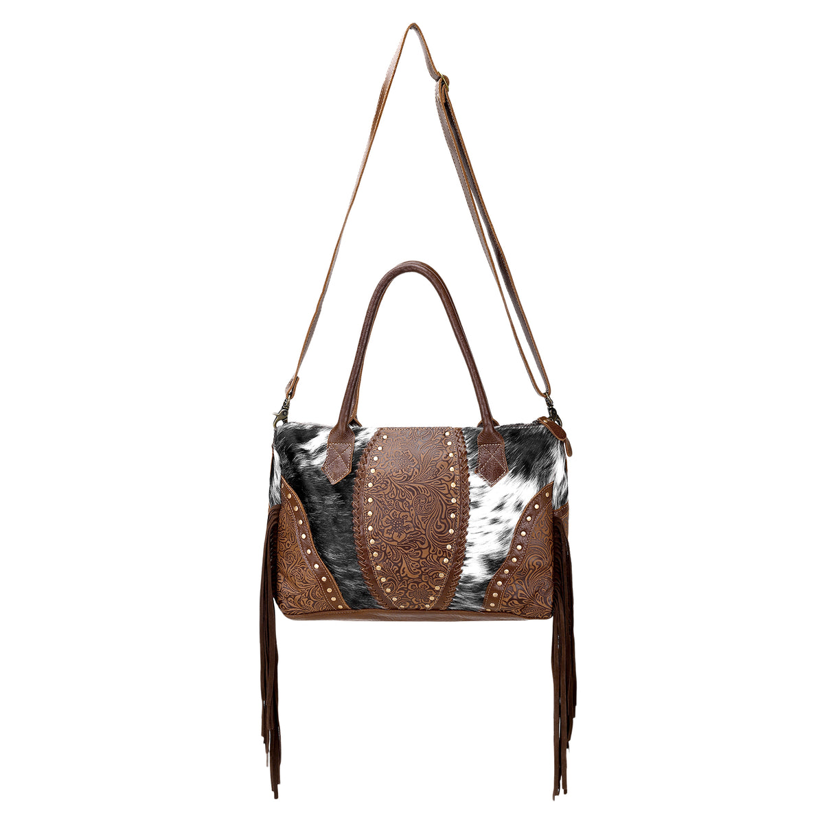 Bedground Weekender Bag for Women in brown with hair on with suede fringe