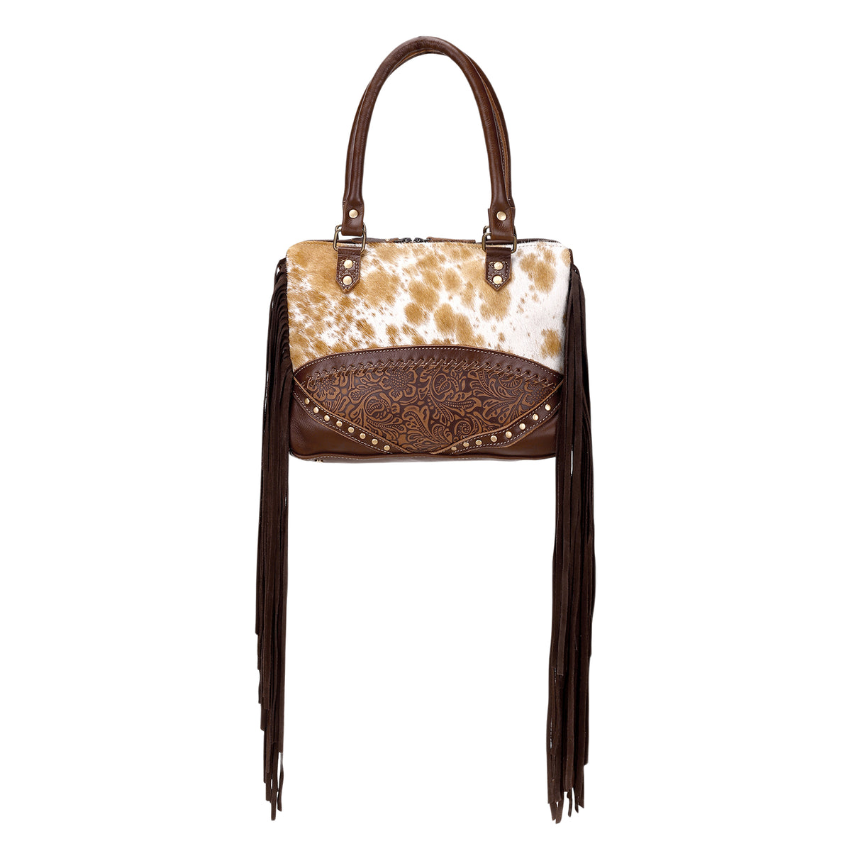 Tan Freckles Concealed Carry Bag in Hair on Leather with Fringe and Tooled Trim