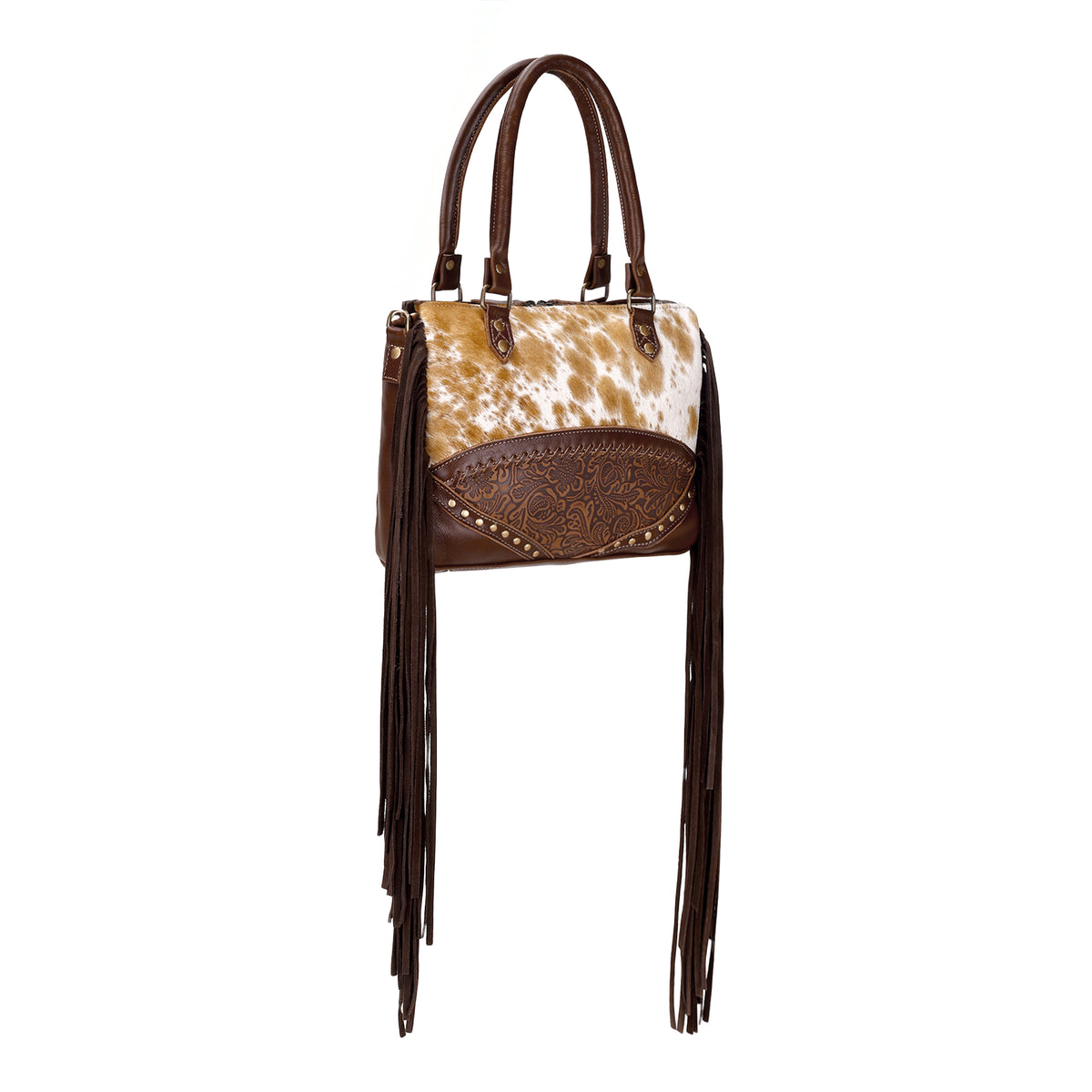 Tan Freckles Concealed Carry Bag in Hair on Leather with Fringe and Tooled Trim