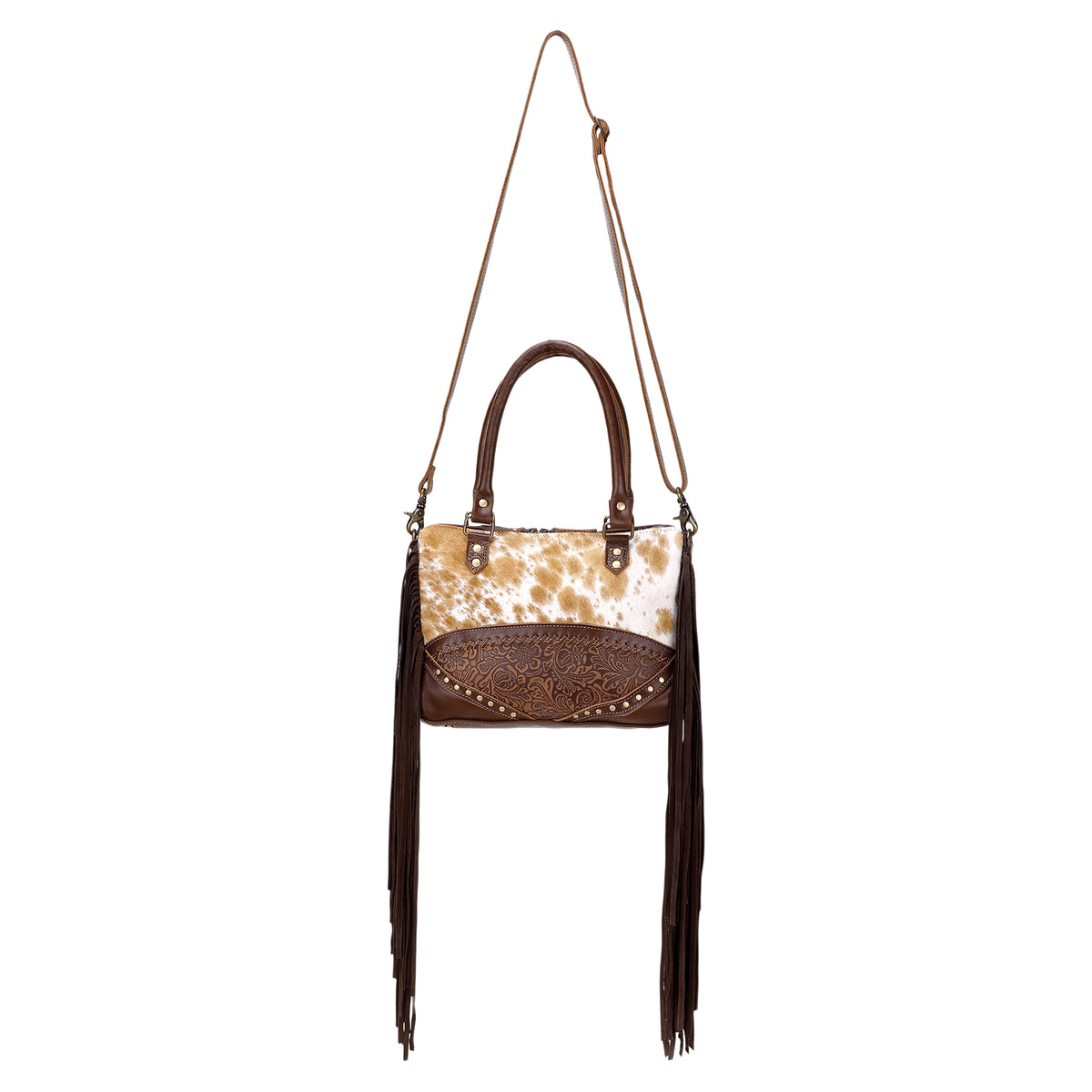 Tan Freckles Concealed Carry Bag in Hair on Leather with Fringe and Tooled Trim