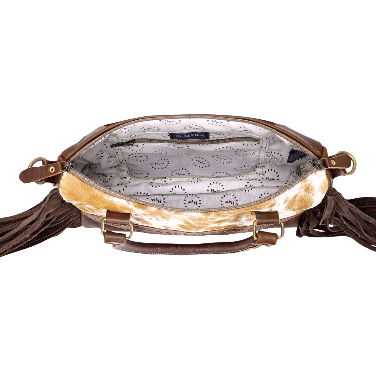 Tan Freckles Concealed Carry Bag in Hair on Leather with Fringe and Tooled Trim