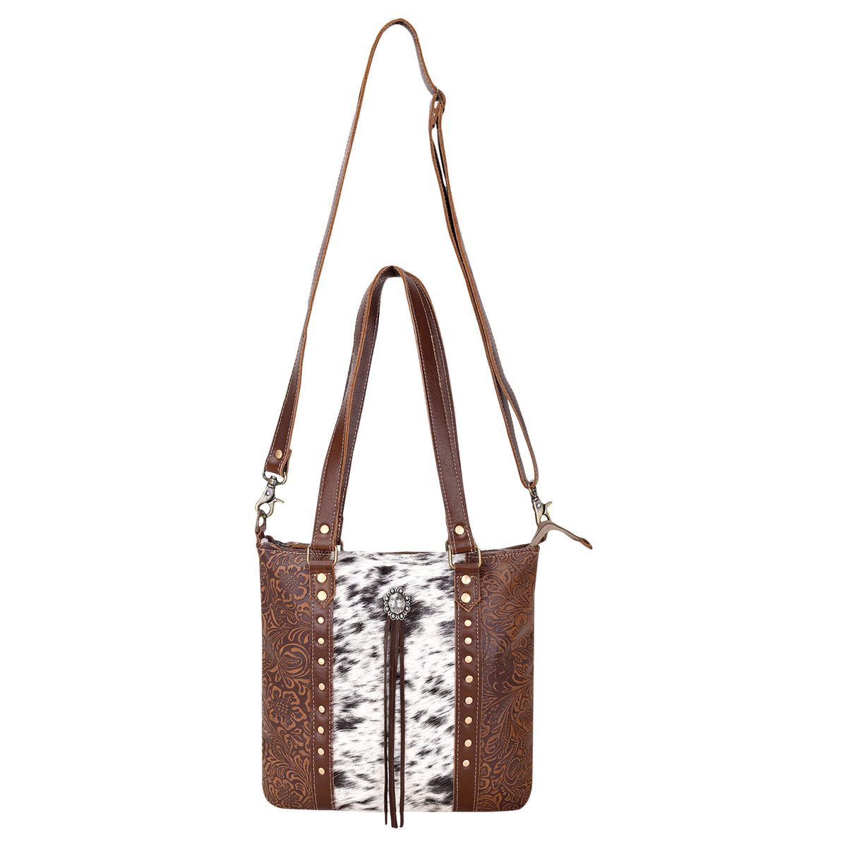 Rosalinda Concealed Carry Bag for Women in brown with hair on and concho