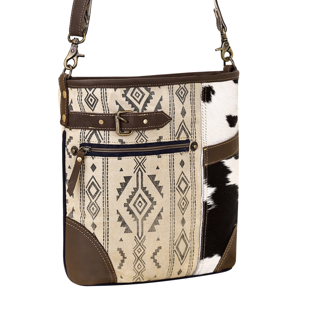 Threeawn Shoulder Bag for Women in cream with hair on and Aztec detail