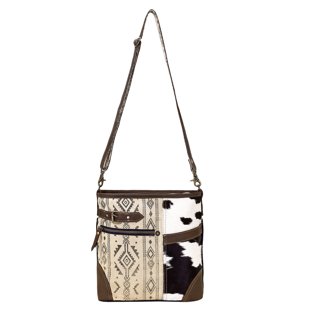 Threeawn Shoulder Bag for Women in cream with hair on and Aztec detail