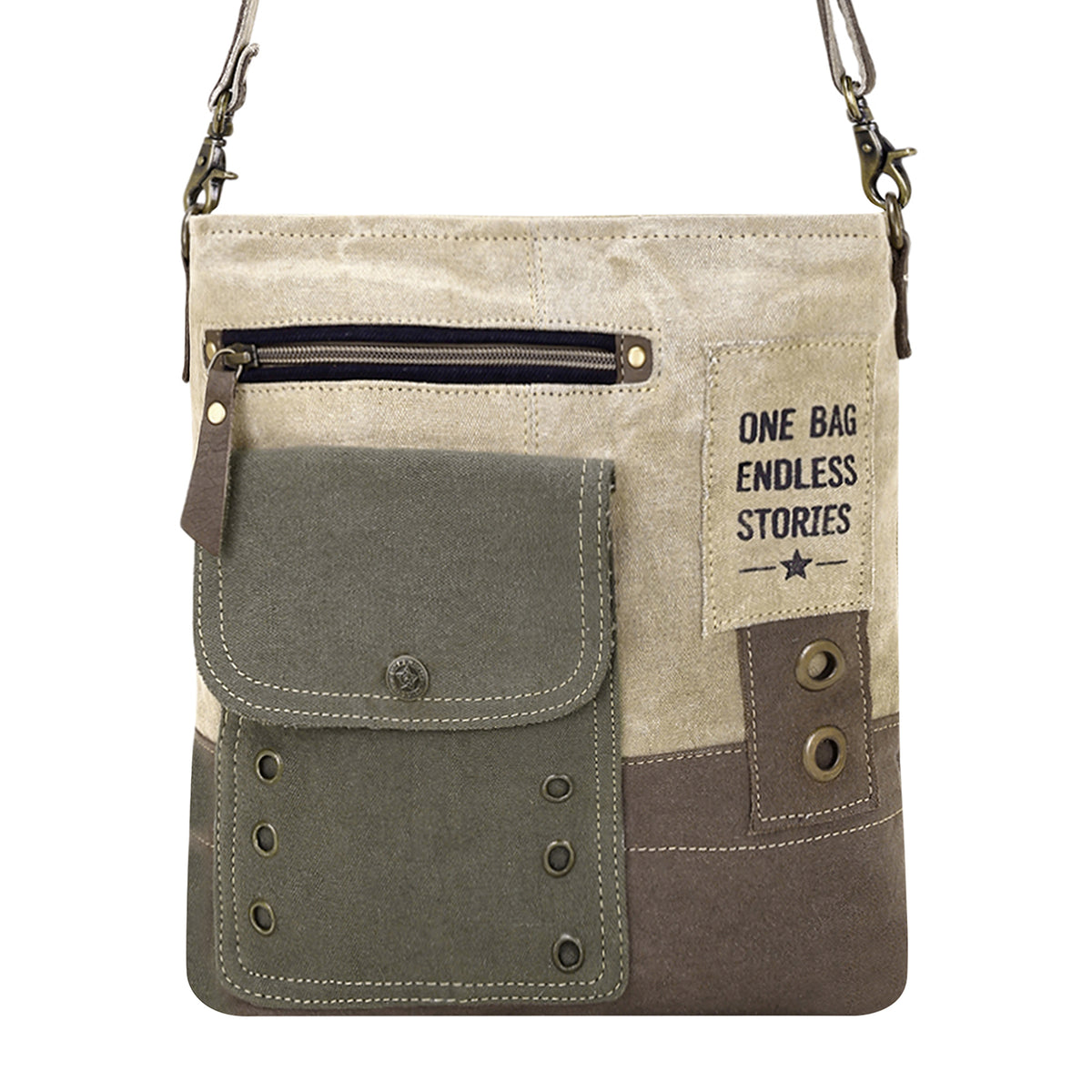 Bricklebush Shoulder Bag for Women in olive with canvas patchwork