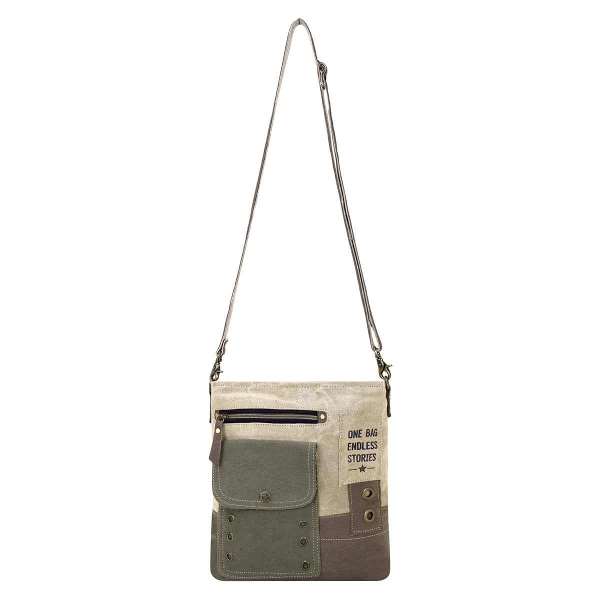 Bricklebush Shoulder Bag for Women in olive with canvas patchwork