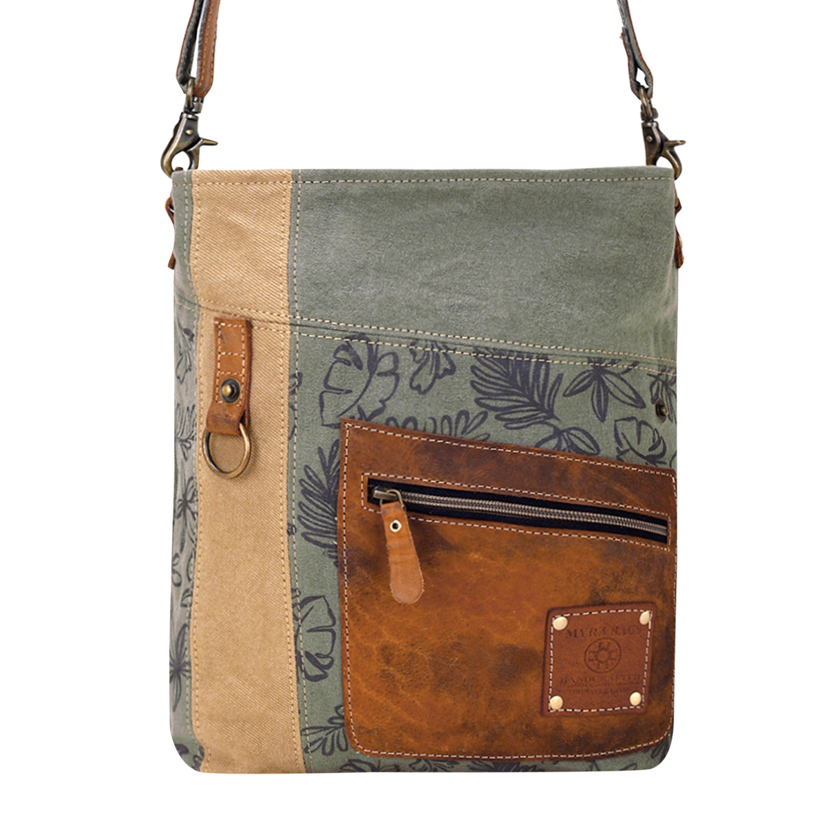 Hopsage Upcycled Canvas Bag for Women in olive with leaf print