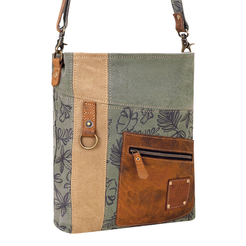 Hopsage Upcycled Canvas Bag for Women in olive with leaf print