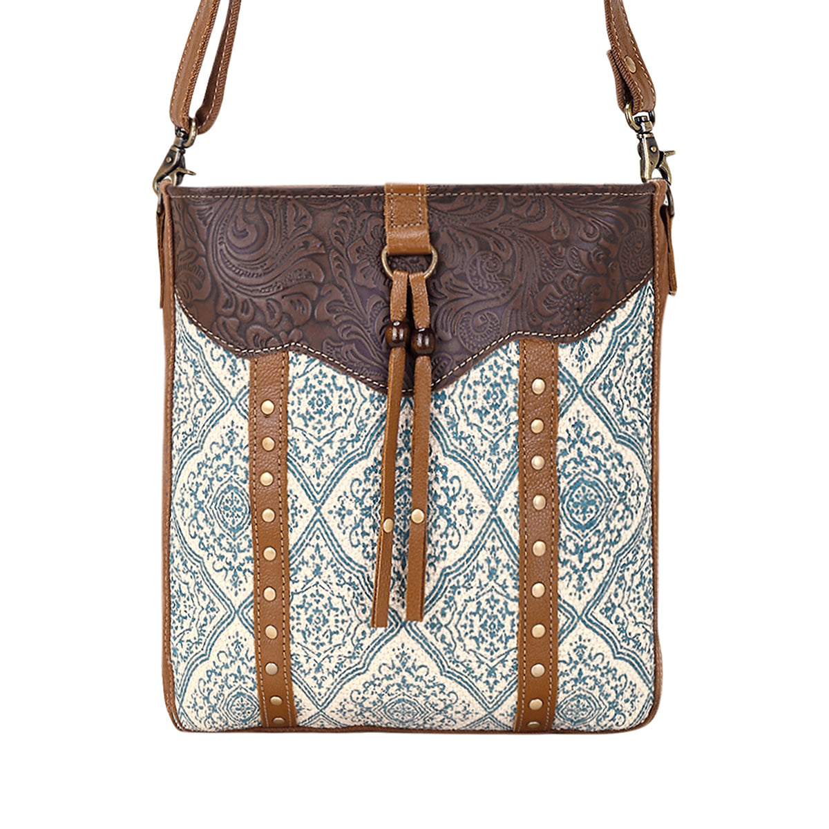 Bitterbrush Upcycled Canvas Bag for Women in blue with block print