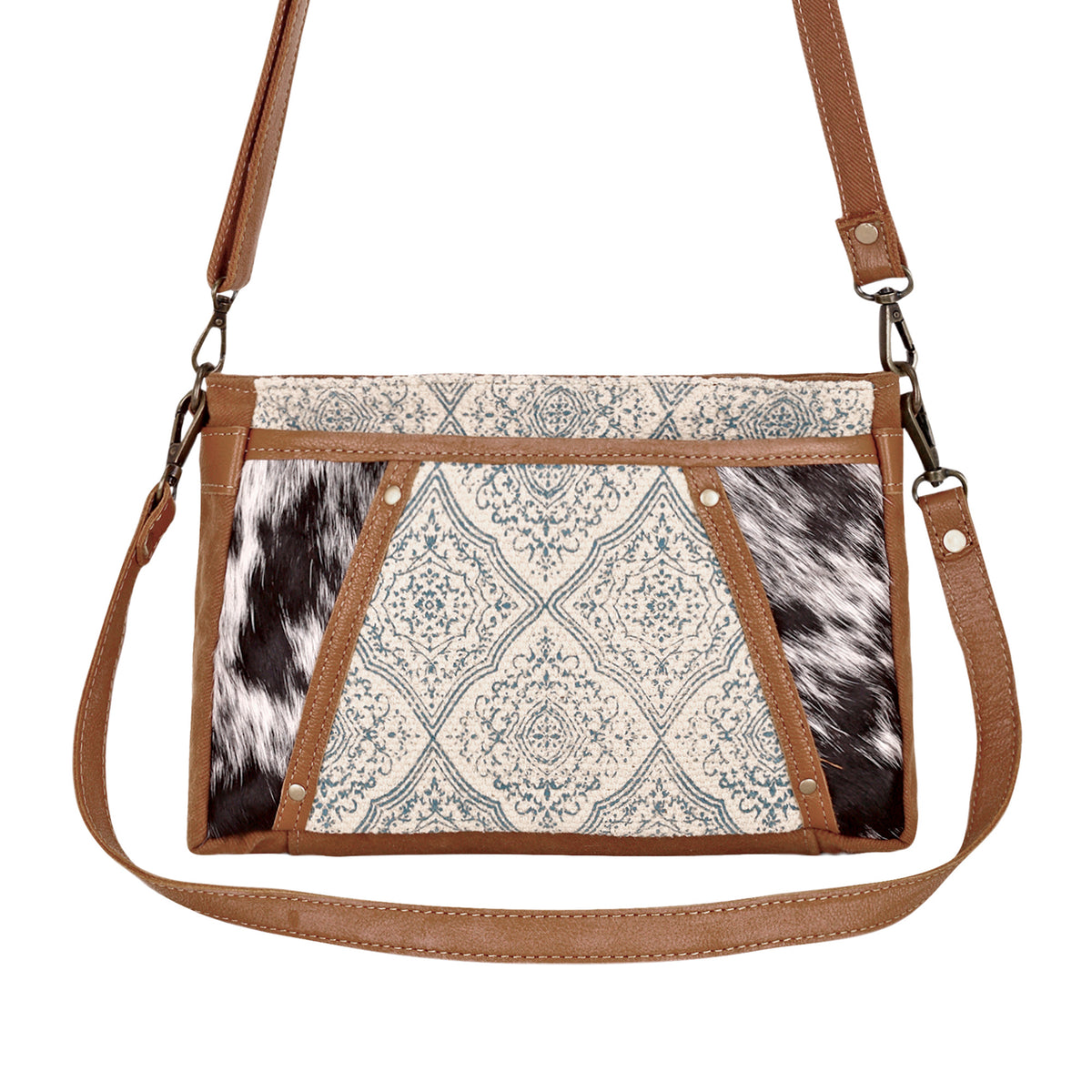 Dual Strap Small Crossbody Bag in blue with hair on