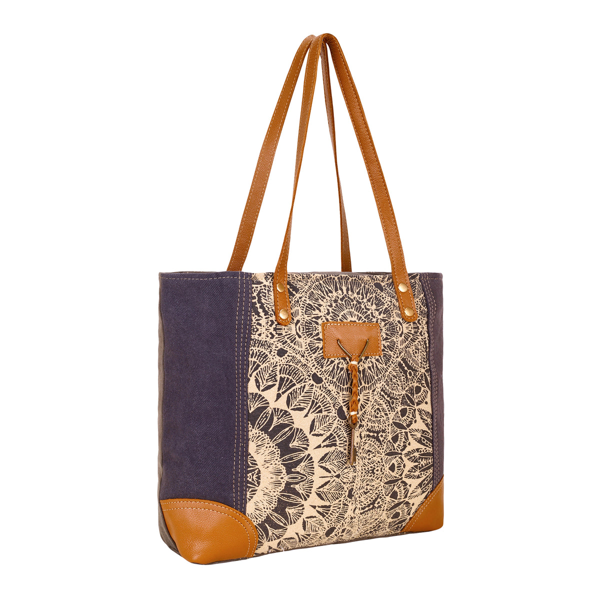 Abstract Key Tote Bag in charcoal with lace print
