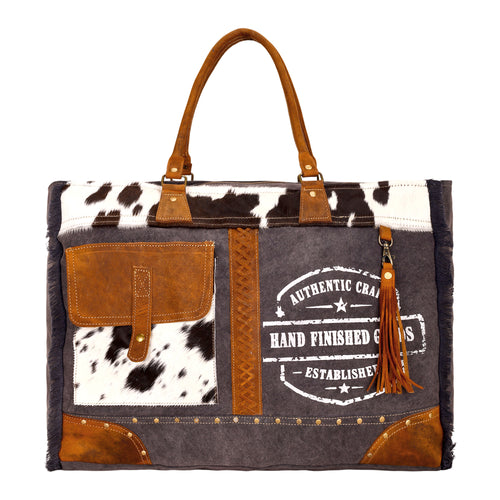 Dakota Trail Hairon Leather Weekender Bag in charcoal with rustic fringe