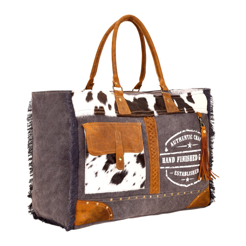 Dakota Trail Hairon Leather Weekender Bag in charcoal with rustic fringe