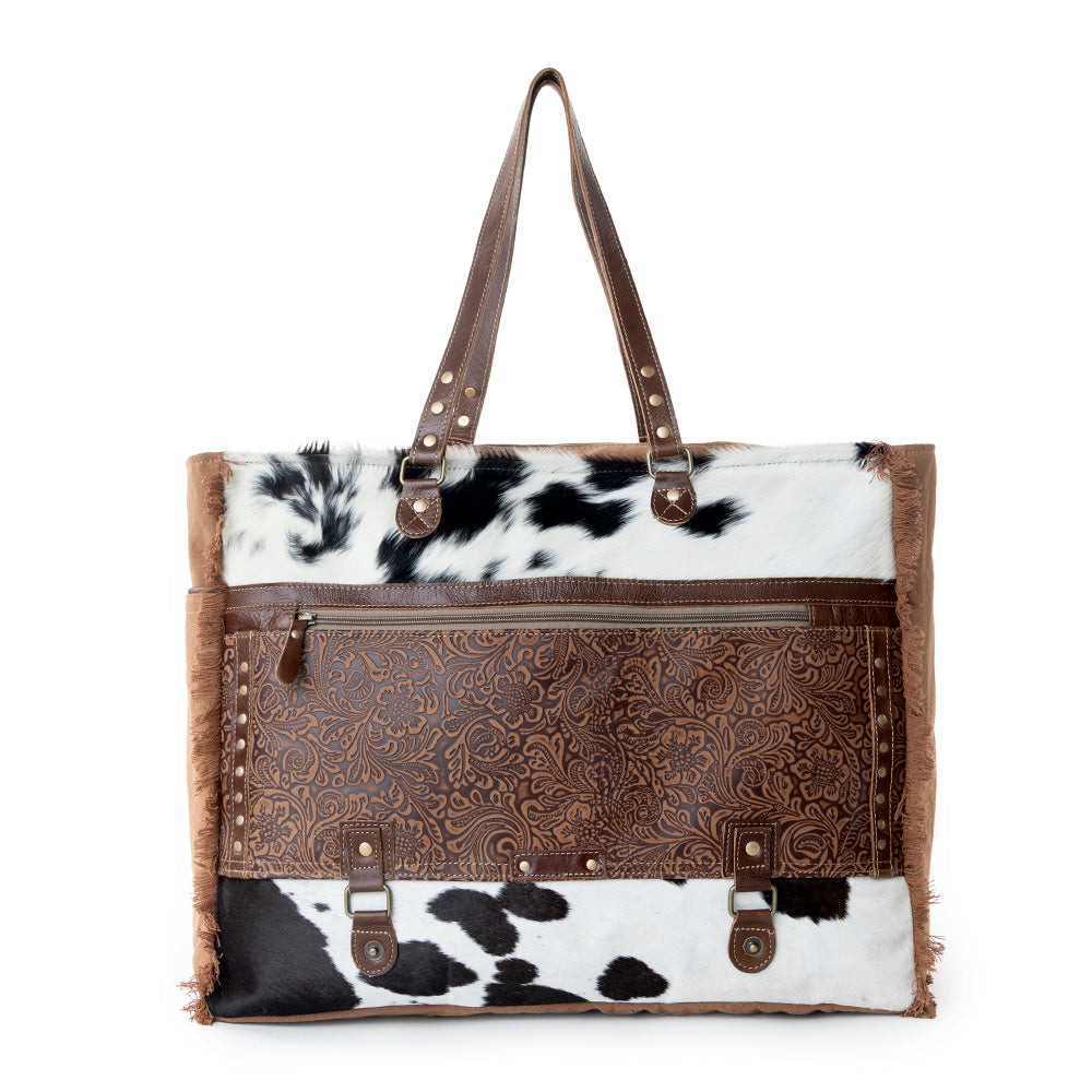 Forester Junction Weekender Bag in tan with hair on and embossed leather