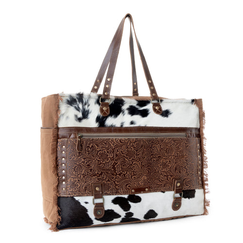 Forester Junction Weekender Bag in tan with hair on and embossed leather