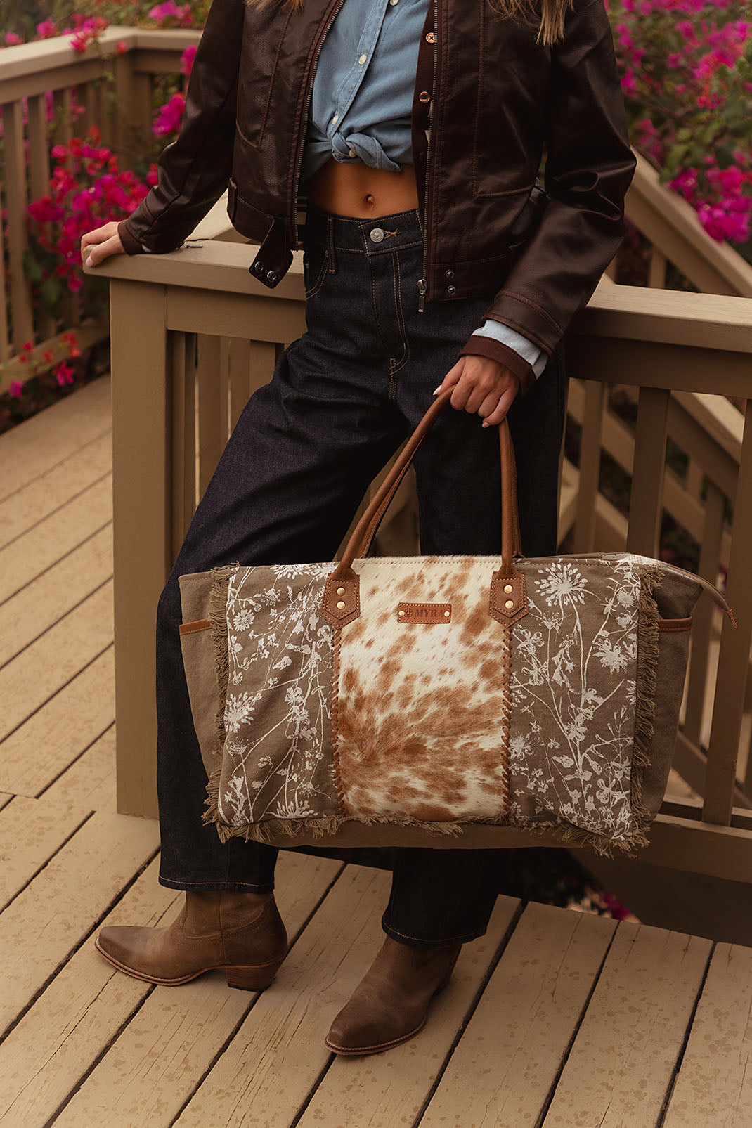 Globemallow Weekender Bag for Women in olive with hair on and floral print