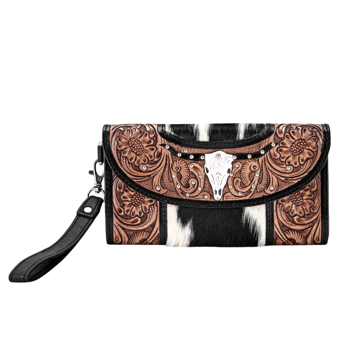 Sandstone Trail Wristlet Wallet for Women in black with hair on and hand tooled steer skull