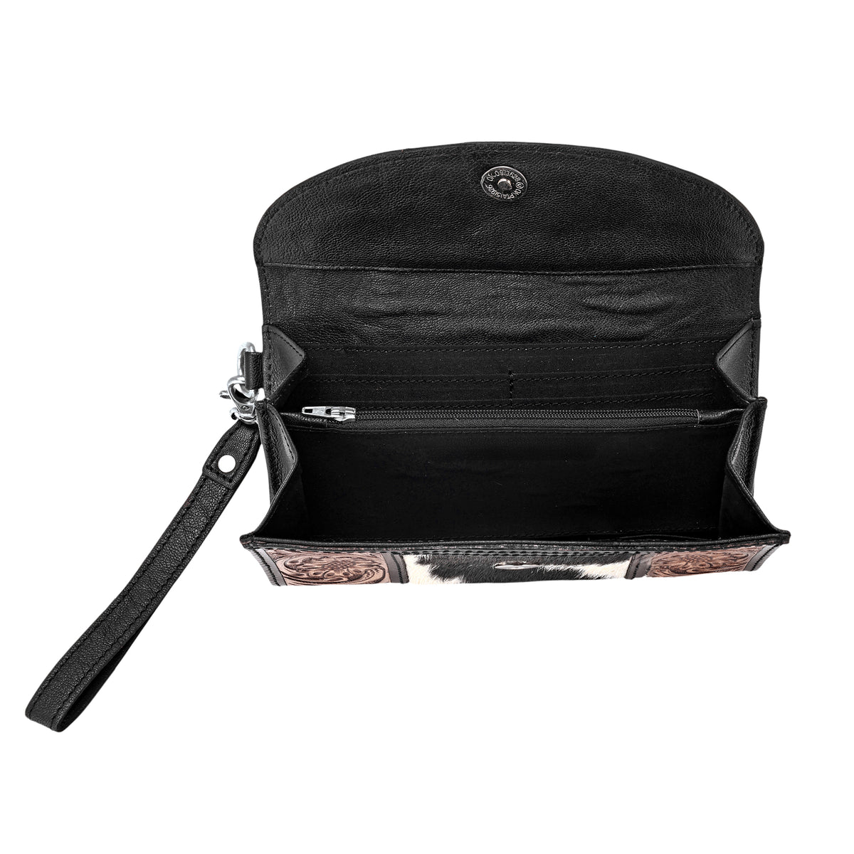 Sandstone Trail Wristlet Wallet for Women in black with hair on and hand tooled steer skull