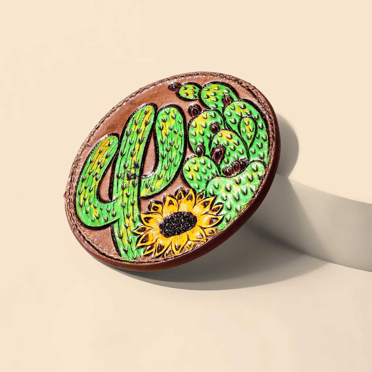Cinder Vale Mirror Case for Women in tan with hand tooled cactus and sunflower