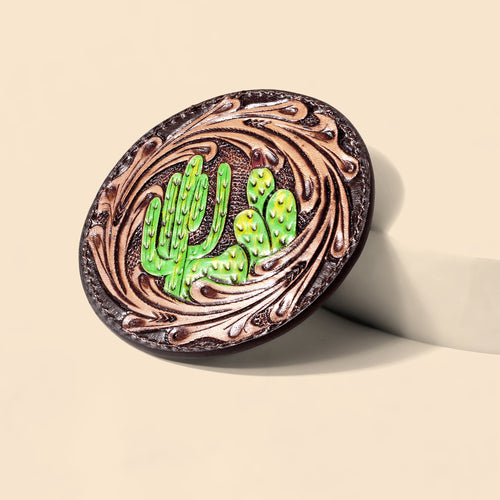 Cinder Vale Mirror Case for Women in brown with hand tooled cactus