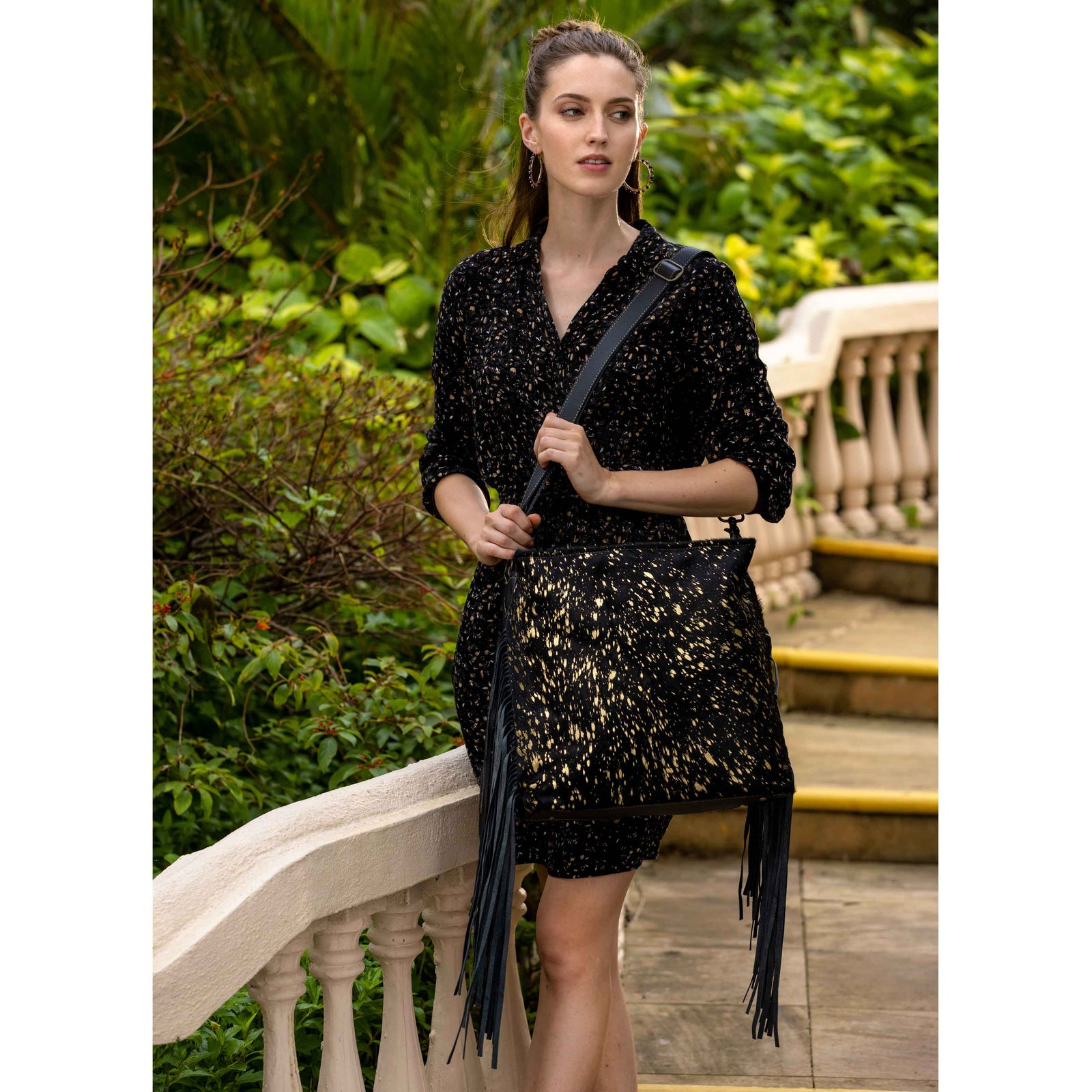 BLACK SHIMMER LEATHER AND HAIRON BAG