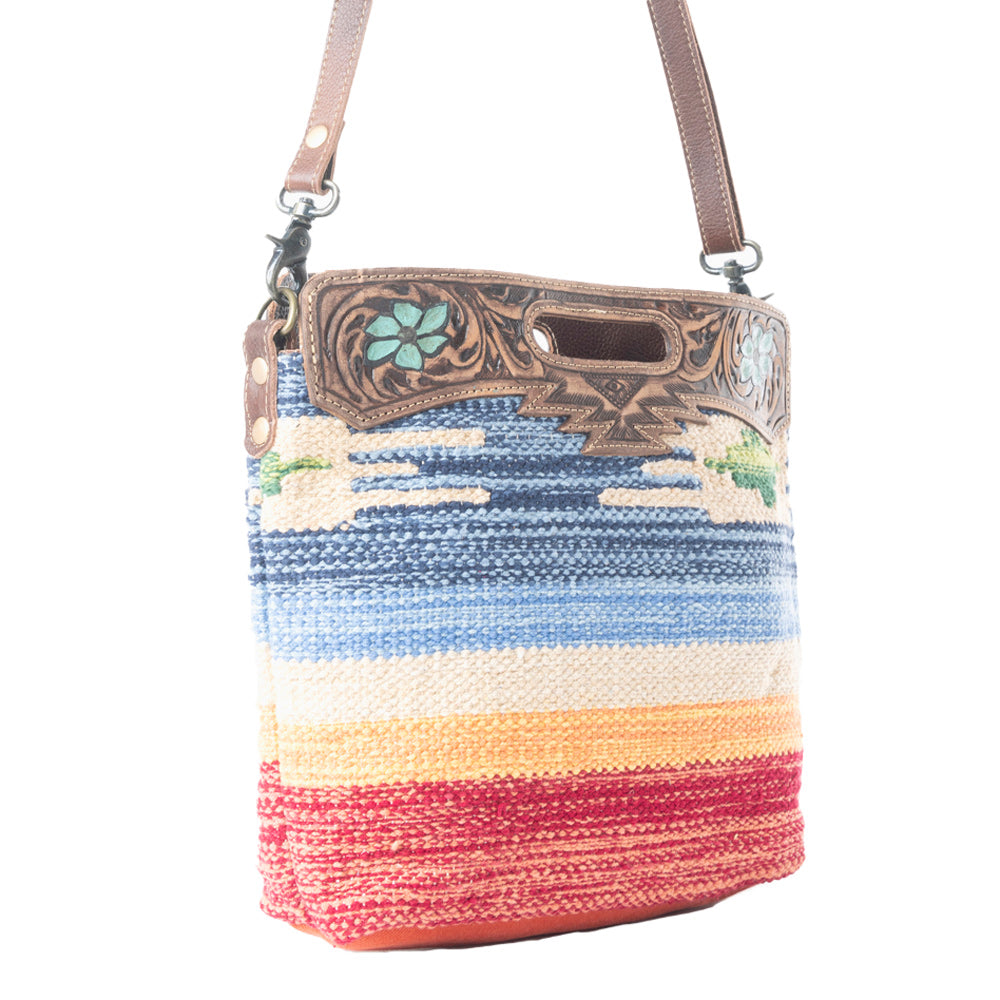 AZURE PETALS HAND TOOLED BAG.