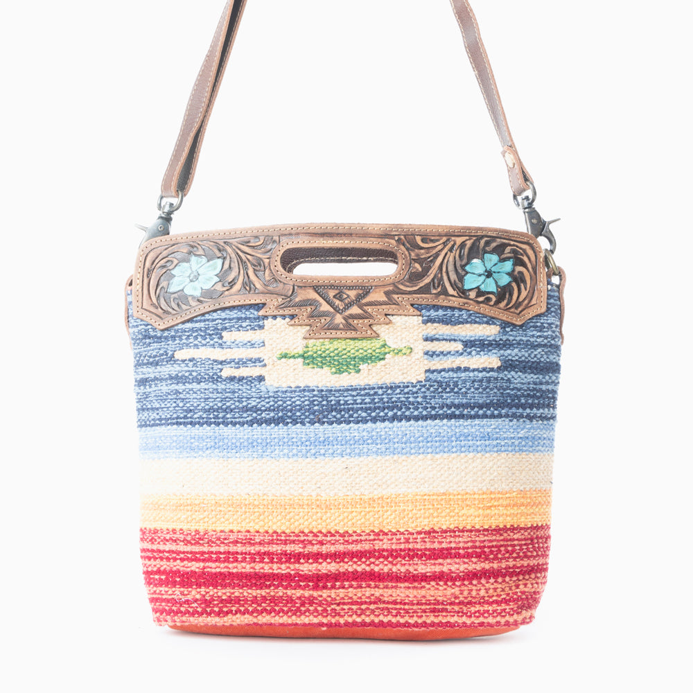 AZURE PETALS HAND TOOLED BAG.