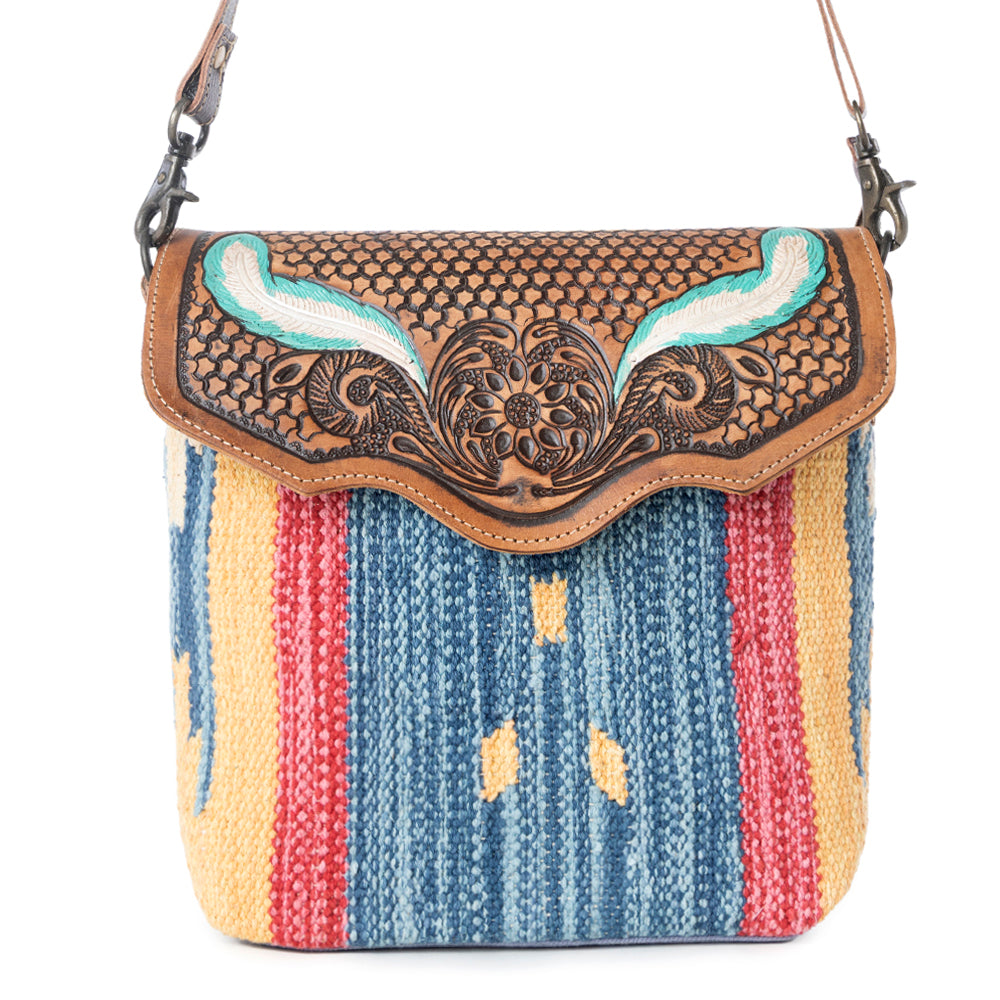 BLUE FEATHER HAND TOOLED BAG