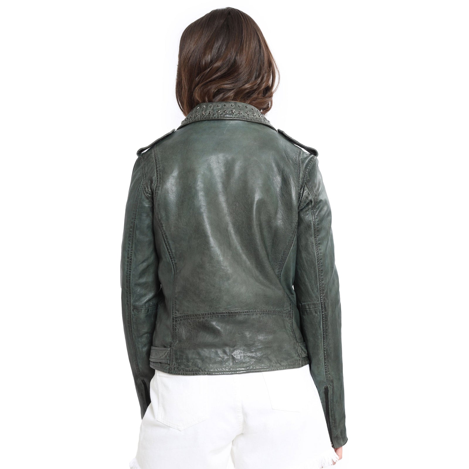 Washed Green Studded LEATHER Jacket