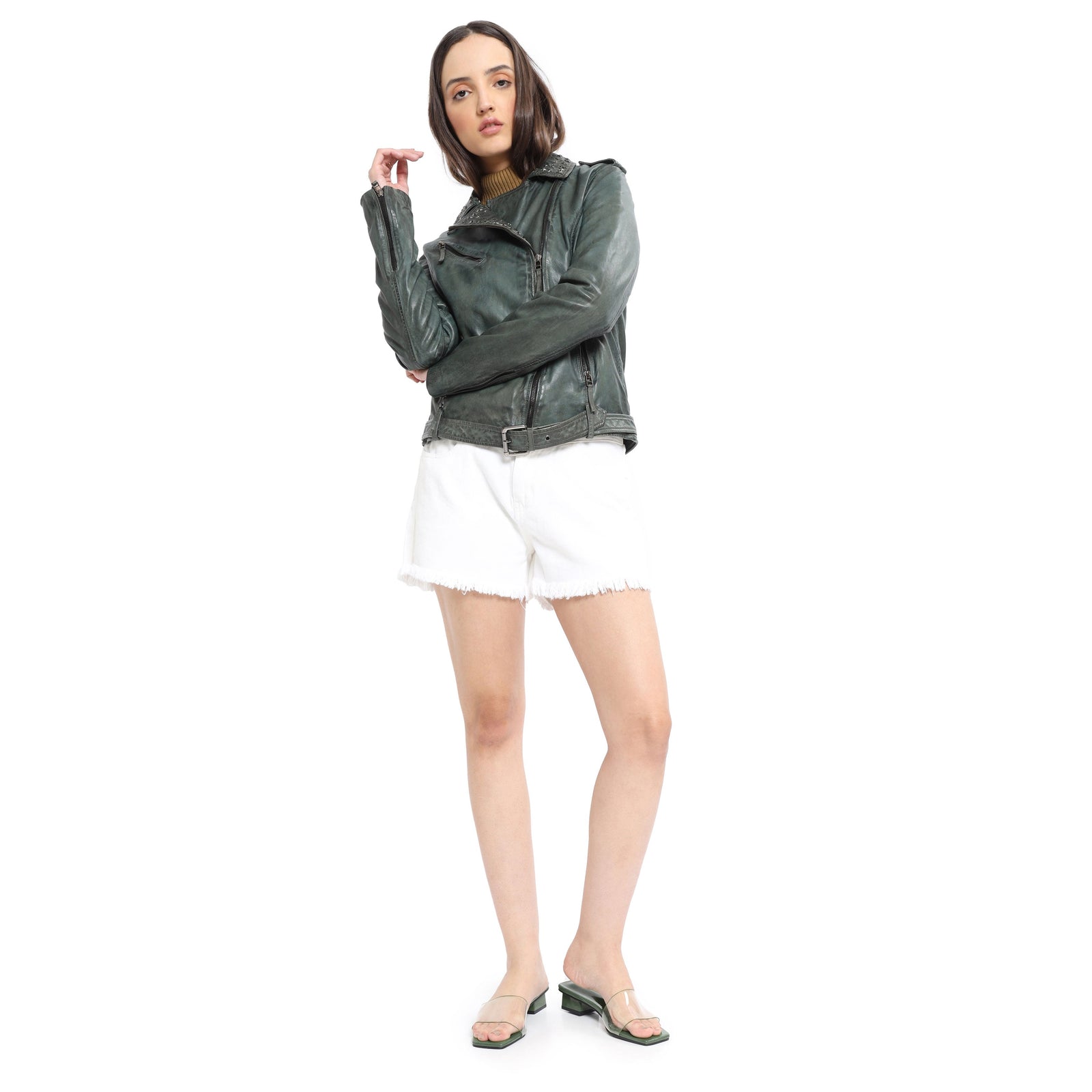 Washed Green Studded LEATHER Jacket