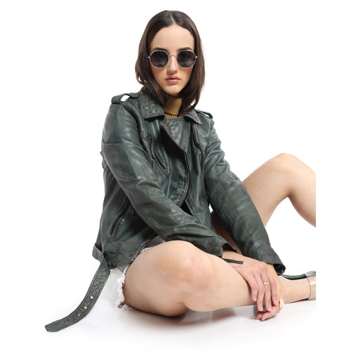 Washed Green Studded LEATHER Jacket