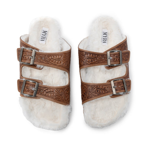 Prairie Winds Hand-tooled Fur Comfort Leather Sandals