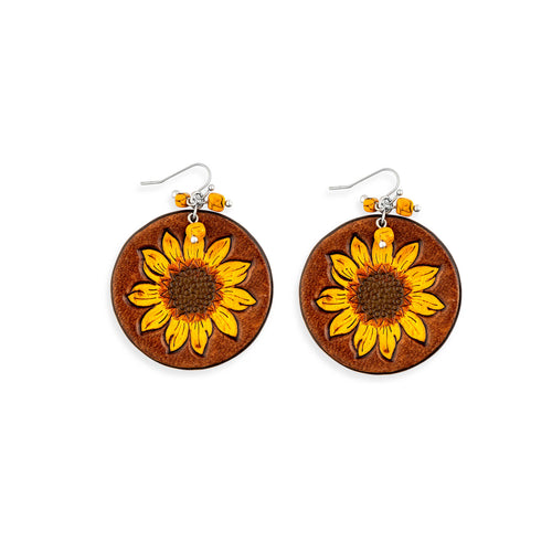 Sunflower Hand-Tooled Leather Earrings