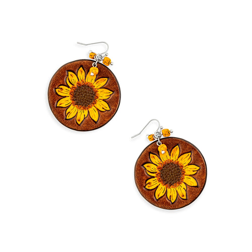 Sunflower Hand-Tooled Leather Earrings