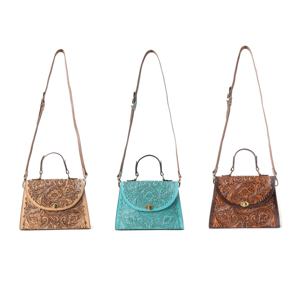 Savannah Scroll Handtooled Leather Bag in Dark Brown