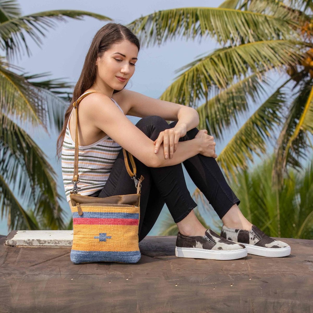 YELLOW AND BLUE STRIPES CROSS BODY BAG