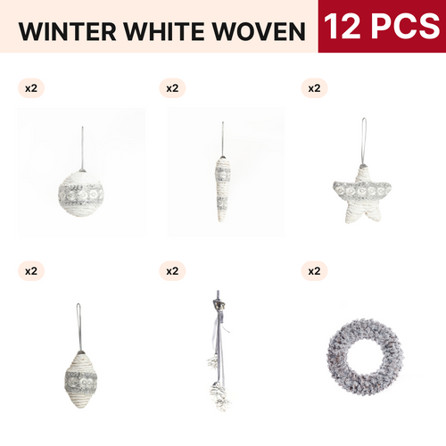Winter White Woven Christmas Ornament Pack, 12 pieces