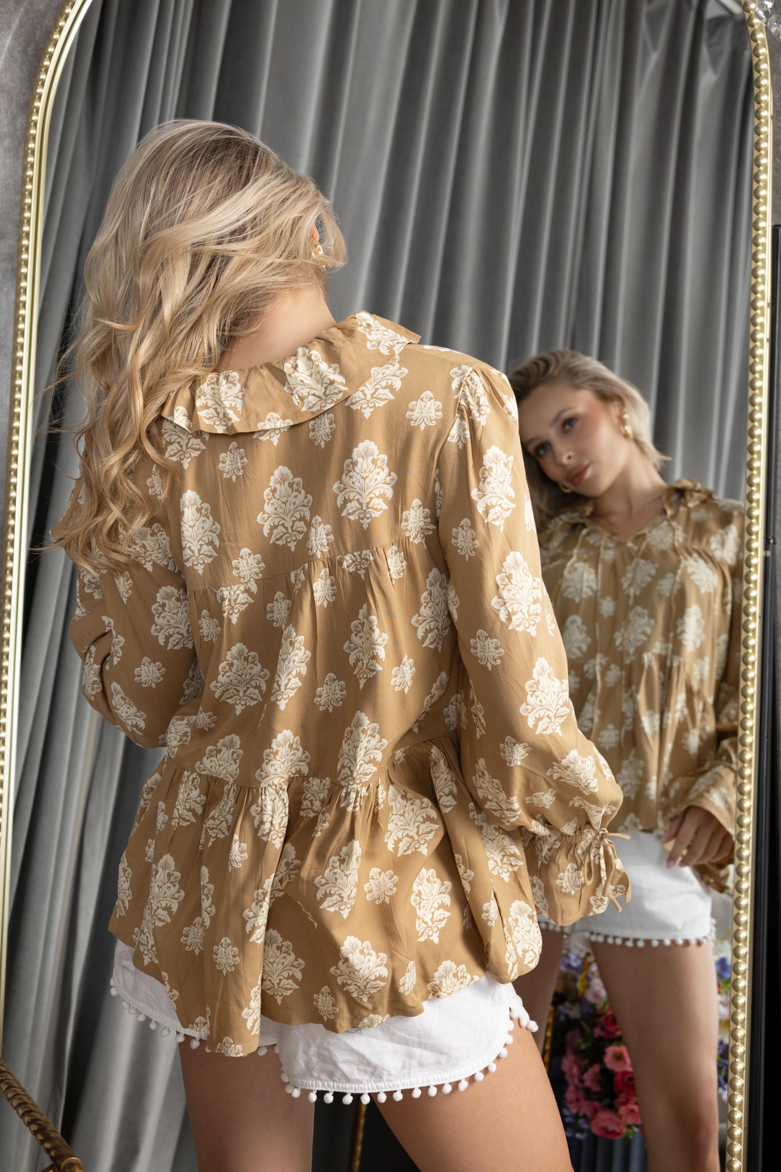 Bohera Ruthie Tie Collar Flared Sleeve Top