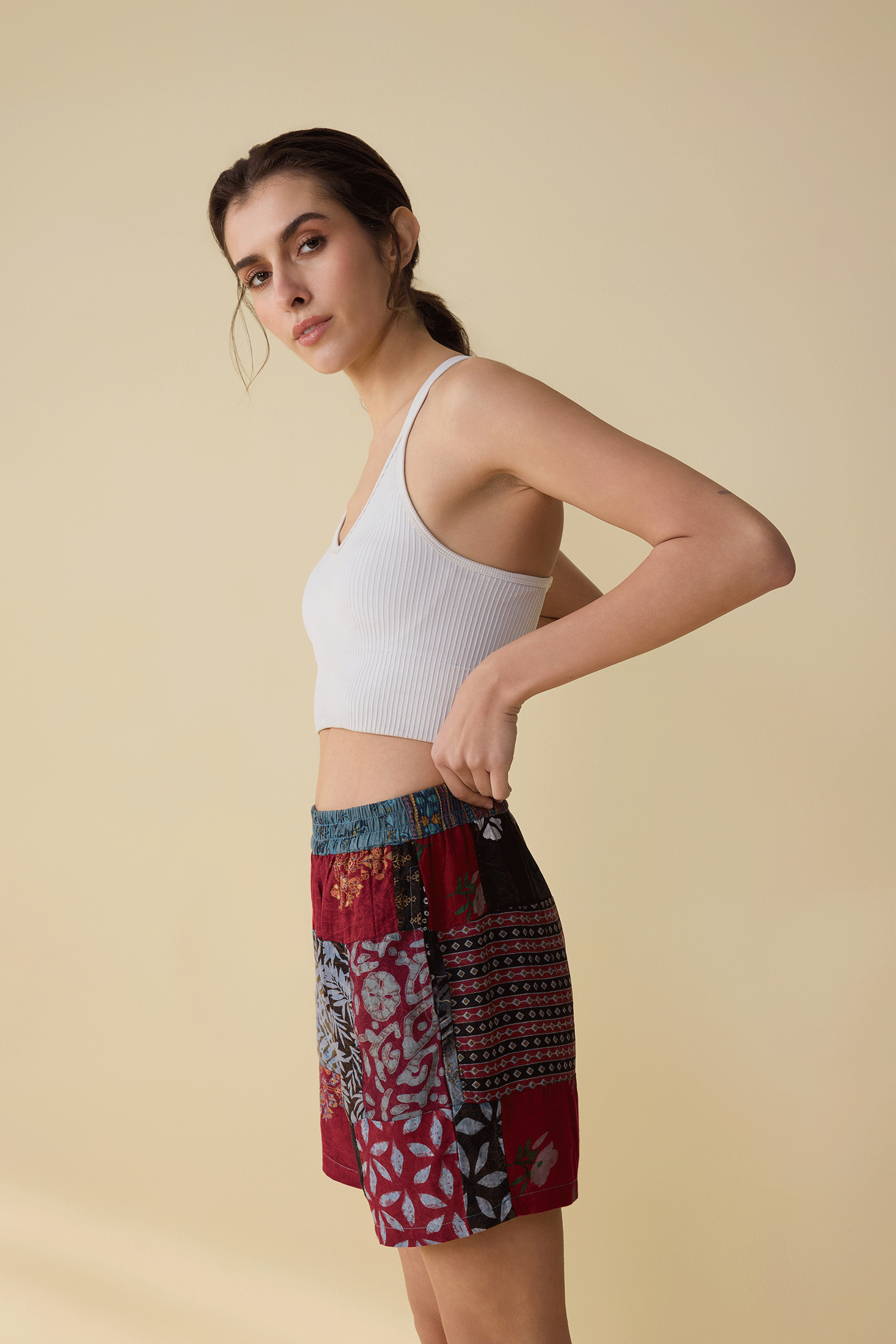 Isabella Paisley Patchwork Shorts In Red And Gray