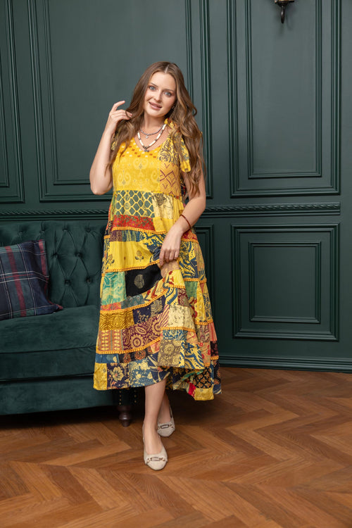 Savannah's Serendipity Patchwork Dress In Yellow