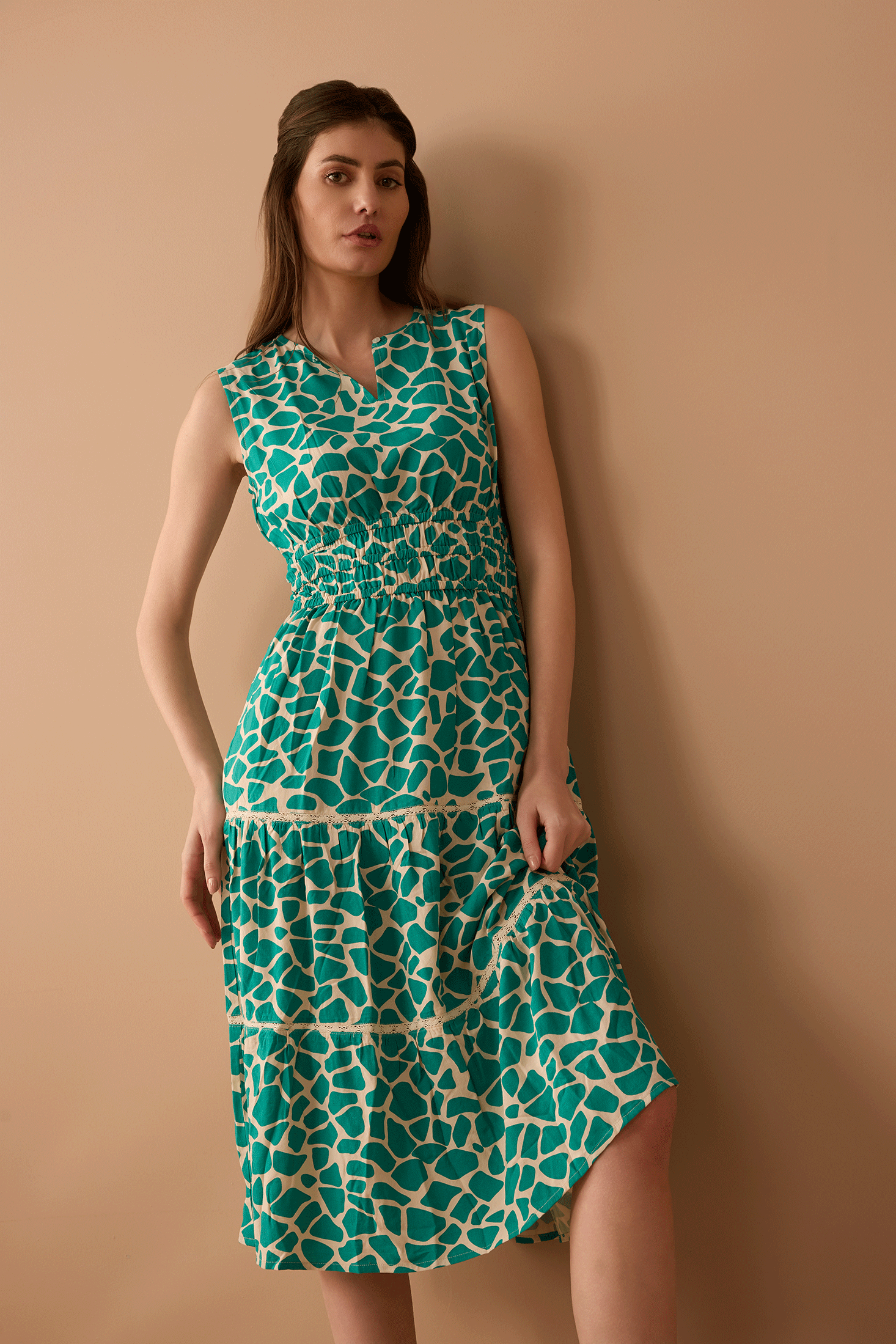 Destiny Pattern Empire Waist Dress In Turquoise