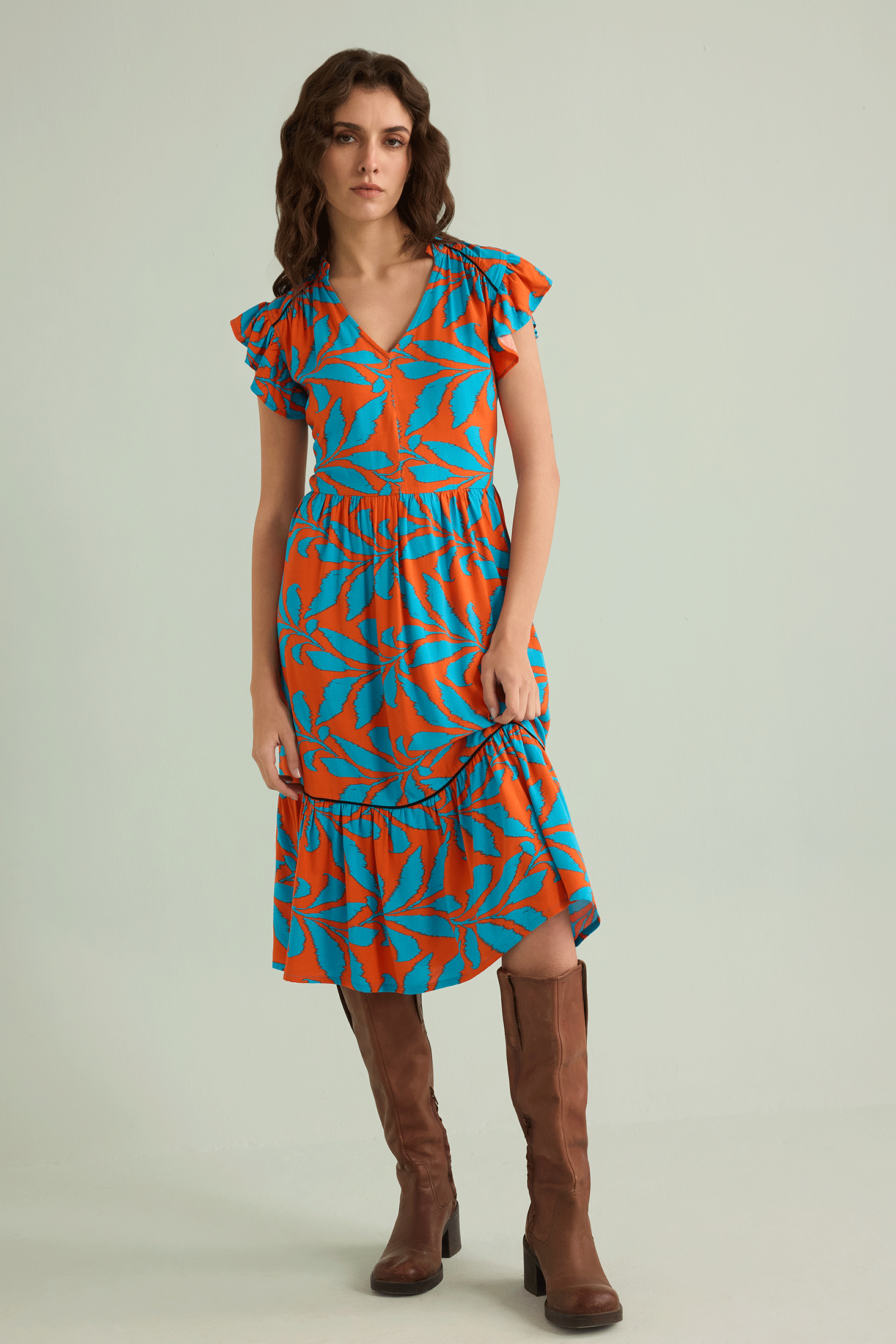 Bold & Beautiful Empire Waist Dress In Blue And Orange