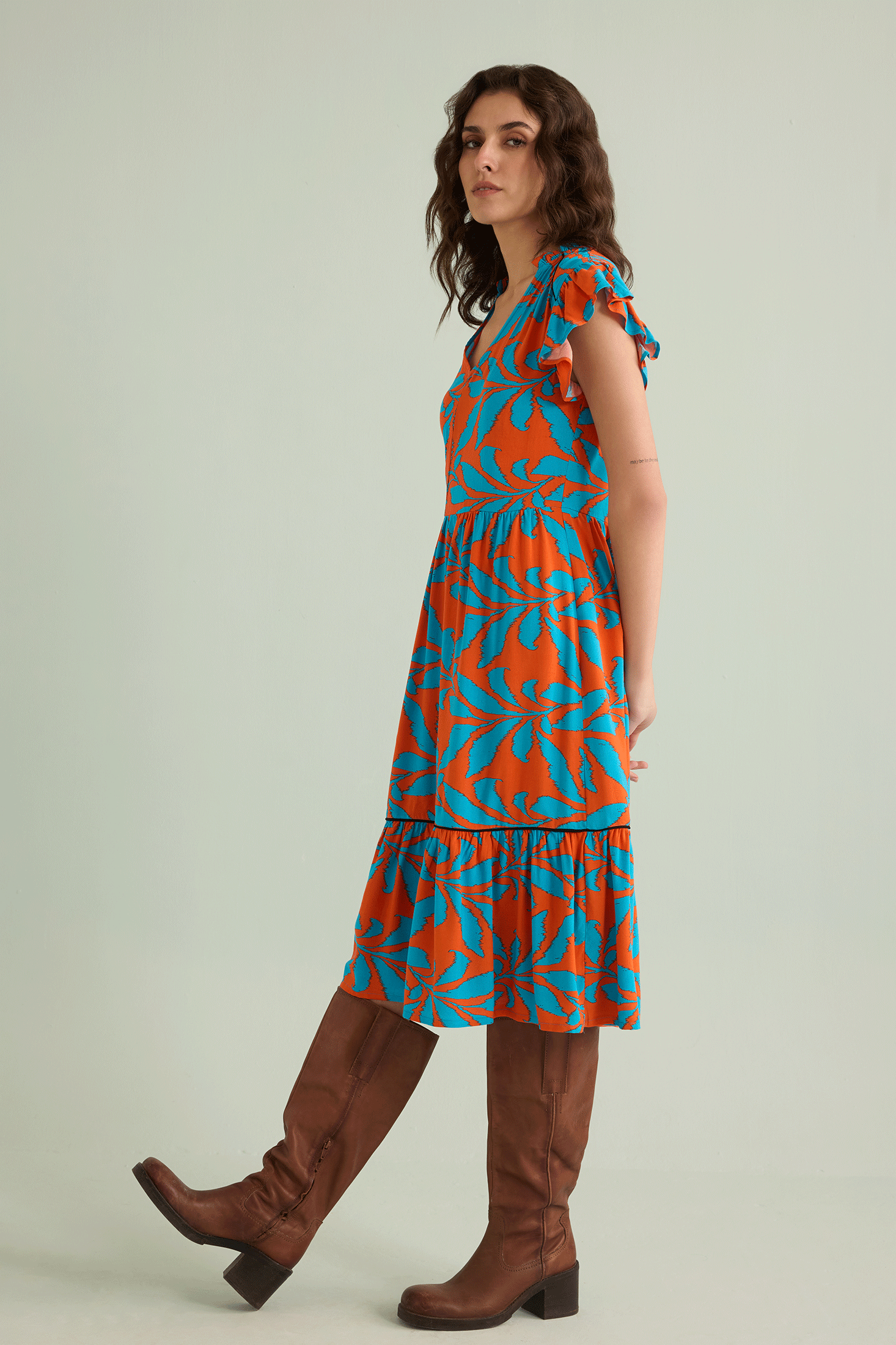 Bold & Beautiful Empire Waist Dress In Blue And Orange