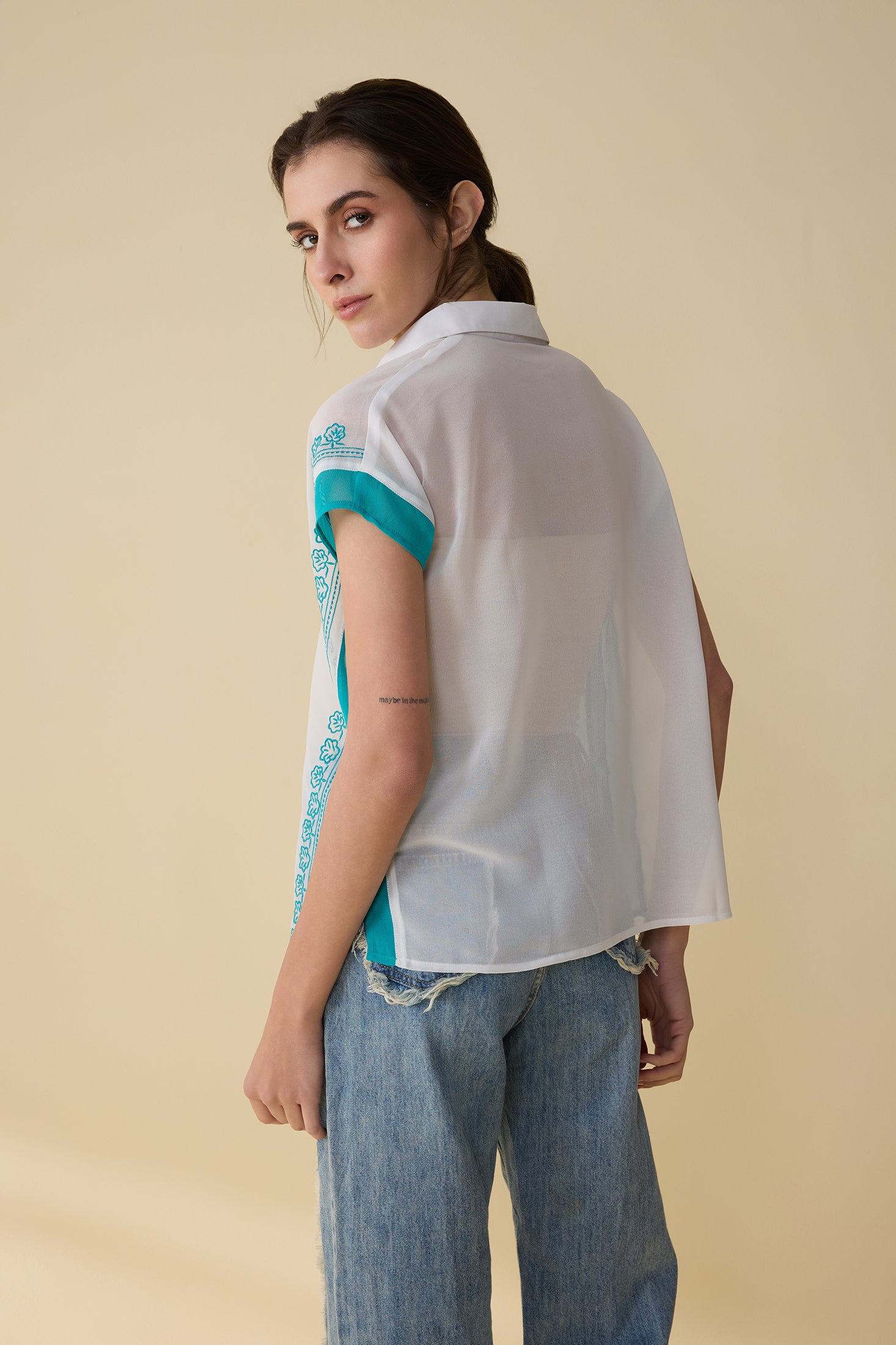 Sierra Embroidered Top In White And Sky Blue